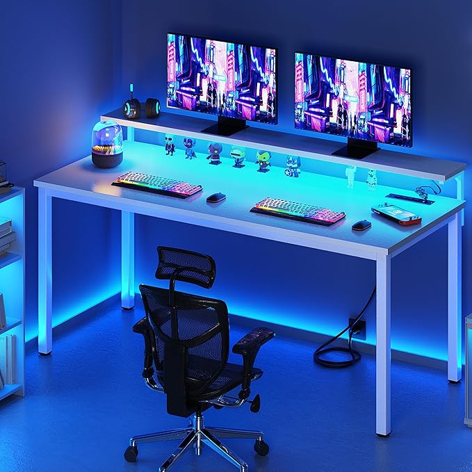 Need 60 inch Computer Desk with LED Lights & Power Outlets, Large Home Desk with Monitor Shelf, Writing Table Gaming Desk Home Office Desk, White - LeafyLoom