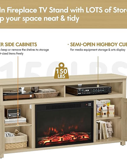 YESHOMY Fireplace TV Stand for Television up to 65+ Inch with Storage and Farmhouse Barn Doors, Entertainment Center with Cabinet and Shelves, Media Console for Living Room, Oak - LeafyLoom