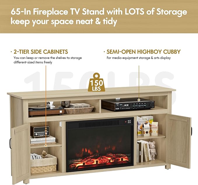 YESHOMY Fireplace TV Stand for Television up to 65+ Inch with Storage and Farmhouse Barn Doors, Entertainment Center with Cabinet and Shelves, Media Console for Living Room, Oak - LeafyLoom