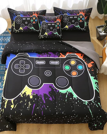 JQinHome Queen Gamer Comforter Sets for Boys&Girls,6 Piece Bed in A Bag 3D Video Game Bedding -All Season Microfiber Gamer Bedding Sets for Kids, with Pillowcase, Flat & Fitted Sheet,Cushion Cover - LeafyLoom