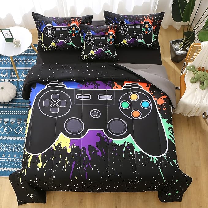 JQinHome Twin Gamer Comforter Sets for Boys&Girls ,6 Piece Bed in A Bag 3D Video Game Bedding -All Season Microfiber Gamer Bedding Sets for Kids, with Pillowcase, Flat & Fitted Sheet,Cushion Cover - LeafyLoom