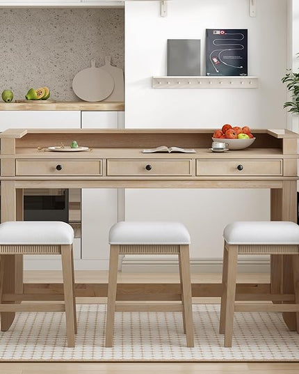 NicBex Kitchen Table Chairs Set of 4 Dining Table Set 4-Piece Dining Bar Table Set with 3 Upholstered Stools, Multifunctional Dining Table with 3 Drawers, Natural Wood Wash - LeafyLoom