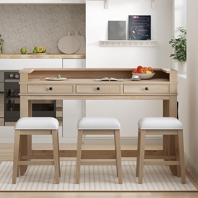 NicBex Kitchen Table Chairs Set of 4 Dining Table Set 4-Piece Dining Bar Table Set with 3 Upholstered Stools, Multifunctional Dining Table with 3 Drawers, Natural Wood Wash - LeafyLoom