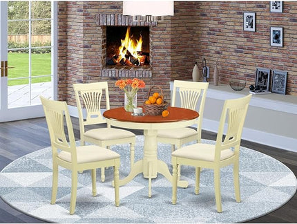 East West Furniture ANPL5-WHI-C 5 Piece Dinette Set for 4 Includes a Round Kitchen Table with Pedestal and 4 Linen Fabric Dining Room Chairs, 36x36 Inch, Buttermilk & Cherry - LeafyLoom