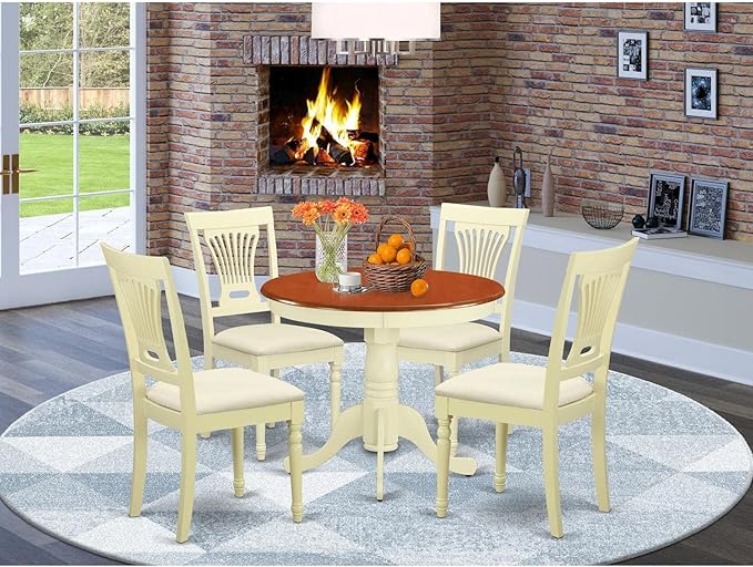 East West Furniture ANPL5-WHI-C 5 Piece Dinette Set for 4 Includes a Round Kitchen Table with Pedestal and 4 Linen Fabric Dining Room Chairs, 36x36 Inch, Buttermilk & Cherry - LeafyLoom