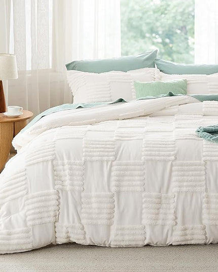 Bedsure King Size Comforter Set Cream White, Boho Tufted Bedding Comforter Set, Grande Checkered Farmhouse Shabby Chic Bed Set, 3 Pieces, 1 Plaid Geometric Comforter and 2 Pillow Shams - LeafyLoom