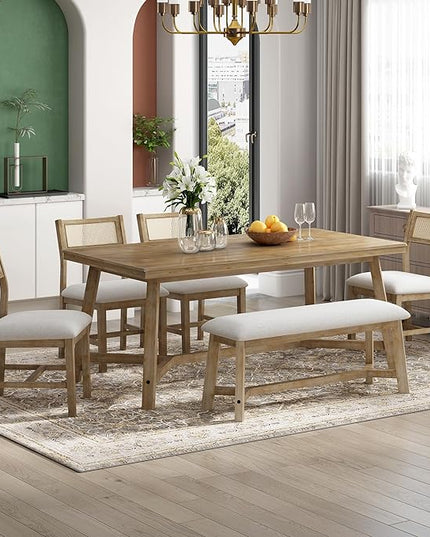 Merax 6-piece Retro Farmhouse Style Dining Set for 6 Wood Kitchen Rattan Backrest Upholstered Living Room, Home, 72" Rectangular Table+4 Chairs+1 Bench, Natural+Beige - LeafyLoom