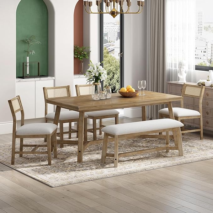 Merax 6-piece Retro Farmhouse Style Dining Set for 6 Wood Kitchen Rattan Backrest Upholstered Living Room, Home, 72" Rectangular Table+4 Chairs+1 Bench, Natural+Beige - LeafyLoom