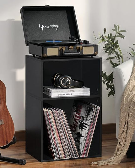 YAHARBO 2 Cube Bookshelf, Black Record Player Stand with Vinyl Storage Up to 100 Albums, Horizontal Book Shelf, Small Cubby Bookcase with Storage Organizer, Turntable Stand for Living Room, Bedroom - LeafyLoom