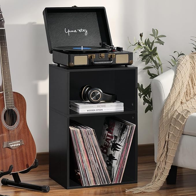 YAHARBO 2 Cube Bookshelf, Black Record Player Stand with Vinyl Storage Up to 100 Albums, Horizontal Book Shelf, Small Cubby Bookcase with Storage Organizer, Turntable Stand for Living Room, Bedroom - LeafyLoom