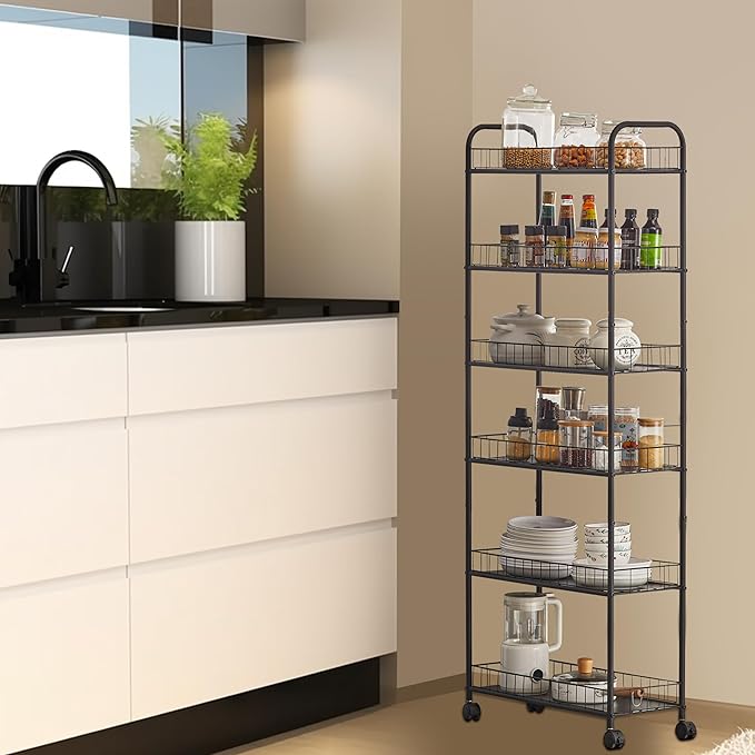 6-Tier Slim Rolling Cart,Narrow Shelving,Kitchens, Bathroom, Garages, Laundry rooms, Offices,10" D x 22.8" W x 61" H - LeafyLoom