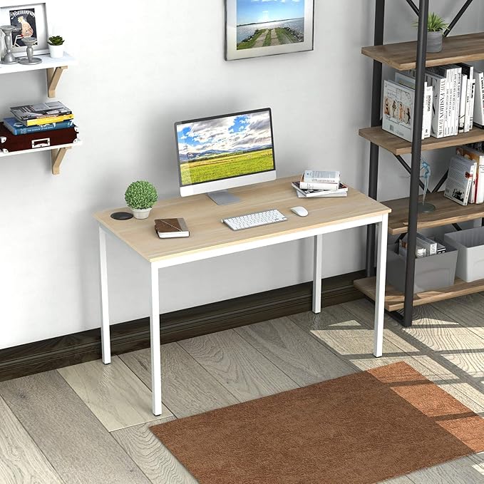 It's_Organized Computer Desk 47 Inch Home Office Study Writing Desk,Modern Simple Laptop Computer Table, Easy Assembly, Industrial Style, White Metal Frame,Wood Grain - LeafyLoom