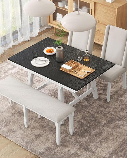 6-Piece Wooden Extendable Dining Table Set with two 12" W Removable Leaves and 4 Upholstered Chairs & 1 Bench for Kitchen Room, White+Black - LeafyLoom