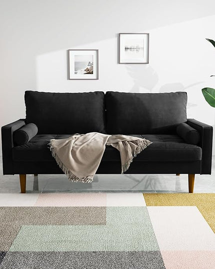 Velvet Furniture for Small Spaces, Mid-Century Modern Loveseats for Living Room, Love Seat Couch Sofas, 70 Inches, Black - LeafyLoom