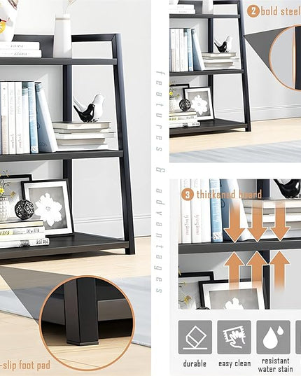 IOTXY 3 Tier Open Bookshelf - Steel and Wood Display Stand, 50CM Width Floor-Standing Bookcase, Black - LeafyLoom