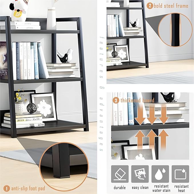 IOTXY 3 Tier Open Bookshelf - Steel and Wood Display Stand, 50CM Width Floor-Standing Bookcase, Black - LeafyLoom