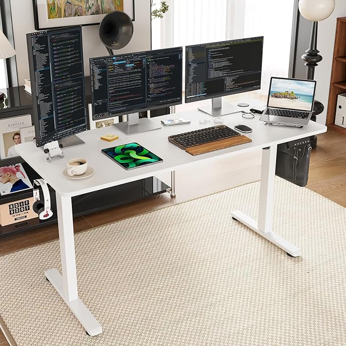 STARY Electric Memory Preset 55 x 24 Inches Adjustable Height Computer Workstation Sit Stand Home Office Desk with Splice Board, 5524, White Desktop/White Frame - LeafyLoom