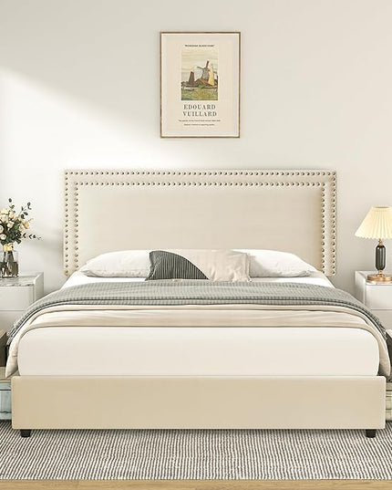VECELO Queen Size Upholstered Platform Bed Frame with 4 Storage Drawers, Adjustable Velvet Rivets Headboard, Wooden Slats Support, No Box Spring Needed, Easy Assembly - LeafyLoom