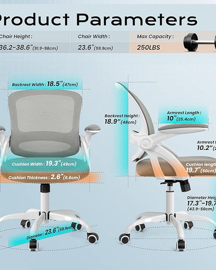KERDOM Office Chair, Ergonomic Desk Chair, Mesh Computer Chair Height Adjustable, Comfy Swivel Task Chair with Wheels and Flip-up Arms - LeafyLoom