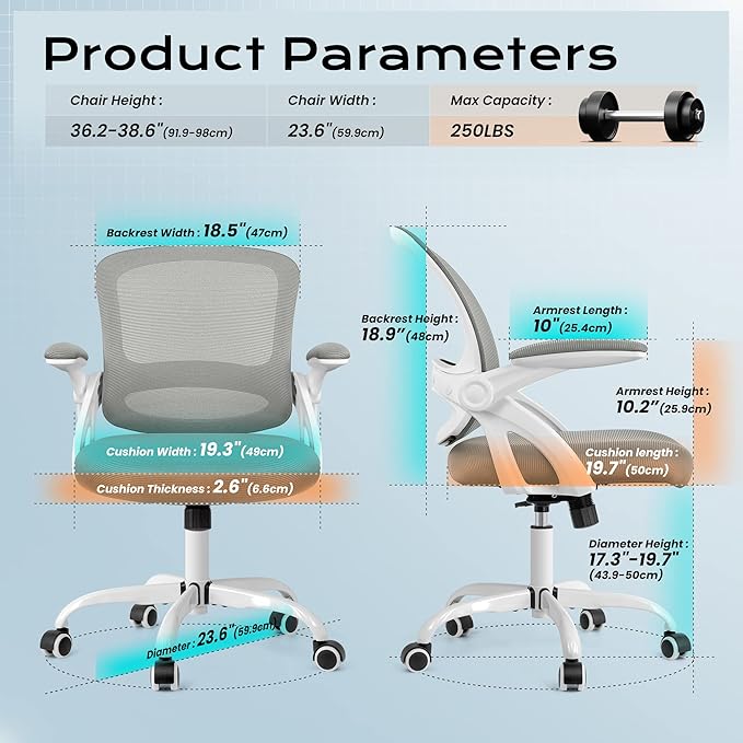 KERDOM Office Chair, Ergonomic Desk Chair, Mesh Computer Chair Height Adjustable, Comfy Swivel Task Chair with Wheels and Flip-up Arms - LeafyLoom