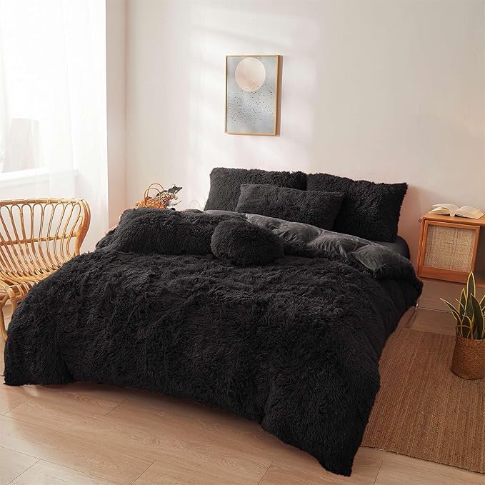 Fluffy black comforters Cover twin size - Ultra Soft Plush black bedding Sets 2 Pieces (1 faux fur comforter Cover + 1 fuzzy pillow case) girls shaggy black twin bed set (Black, Twin) - LeafyLoom