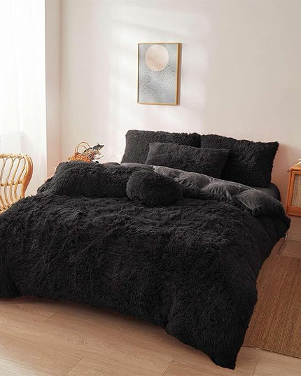 FOPPA Black fluffy Comforter Cover Set king- Ultra Soft fluffy Black Bedding Sets 3 Pieces (1 Duvet Cover + 2 Pillow case) pink fluffy bed set (Black, King) - LeafyLoom