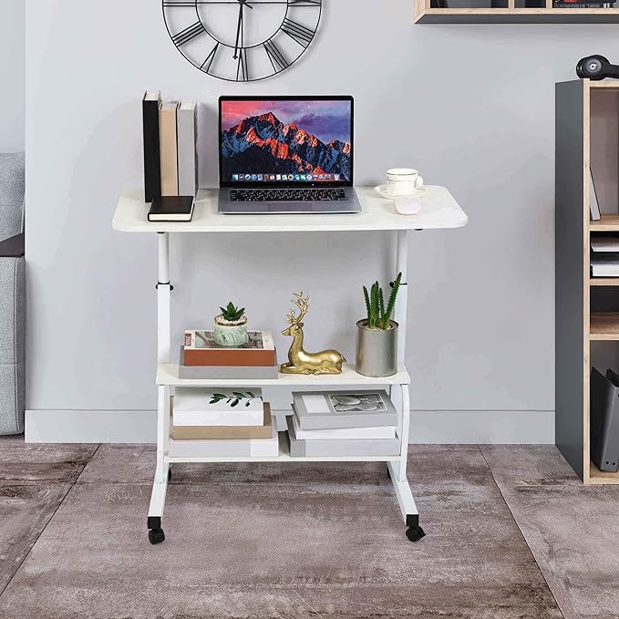 Adjustable White Home Office Desk with Storage and Detachable Wheels - 15.7 x 31.5 Inch - LeafyLoom