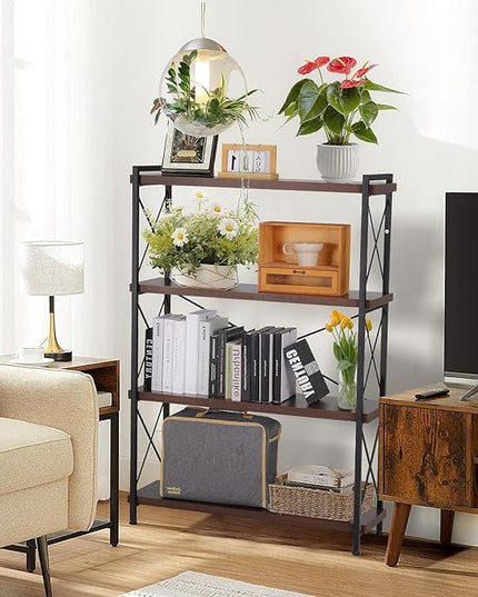 Industrial Bookshelf,Rustic Open Shelf Bookcase,4 Tier Book Shelf for Bedroom Office Living Room,Small Bookshelf for Small Spaces with Metal Frame - LeafyLoom