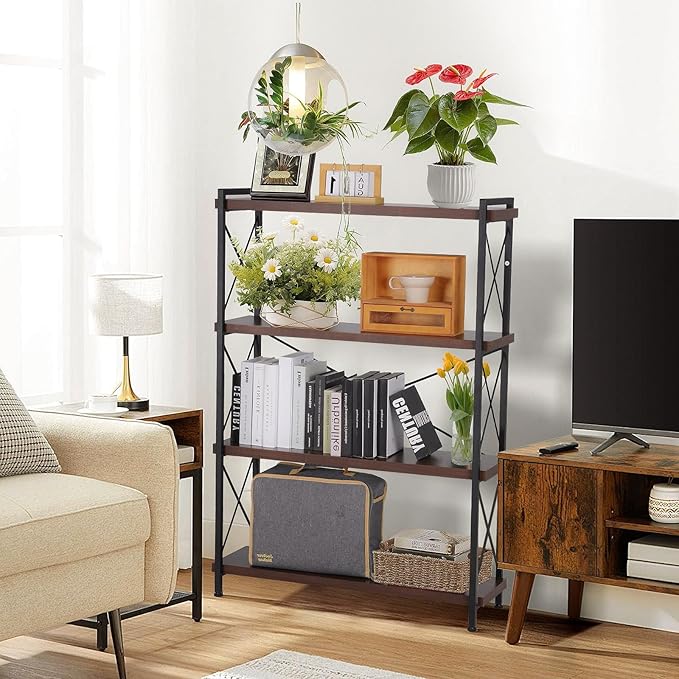 Industrial Bookshelf,Rustic Open Shelf Bookcase,4 Tier Book Shelf for Bedroom Office Living Room,Small Bookshelf for Small Spaces with Metal Frame - LeafyLoom