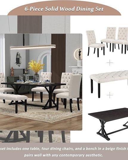 Farmhouse Rectangular 72" Wood, 4 Upholstered Chairs with Bench, Easy to Assemble, for Living, Guest Room, Home Bar and Kitchen, 6 Piece Dining Table Set, Espresso 25 - LeafyLoom