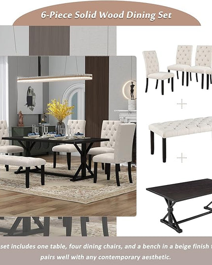 6-Piece Farmhouse Dining Table Set Wood Rectangular Tabletop, 4 Tufted Upholstered Chairs and Bench, for Dinette Room and Kitchen, Espresso, 72" L x 42" W x 30" H - LeafyLoom