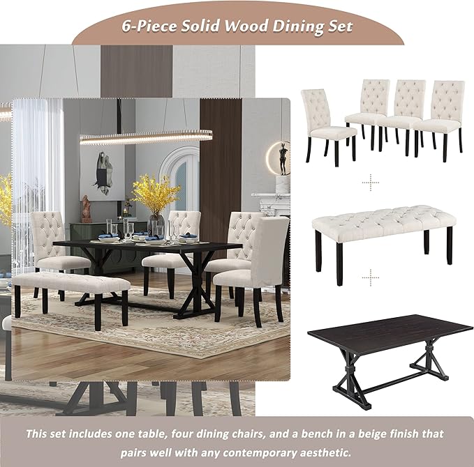 Wood Rectangular Dining Set for 6, includes 1 Table with Cross-Legged Trestle Base, 4 Upholstered High Back Chairs & 1 Bench, Farmhouse Style, Espresso, 72" L x 42" W x 30" H - LeafyLoom