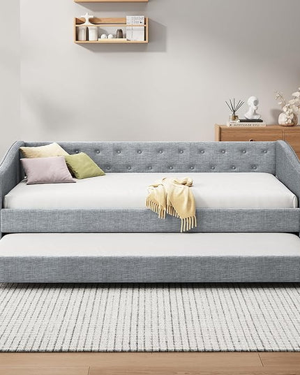 Twin Daybed Frame with Trundle,Upholstered Sofa Bed W/Button & Nailhead Tufted Design,Wood Slats Support,Saving Space,Linen Fabric Bedframe for Living Room Bedroom Apartment,Light Gray - LeafyLoom