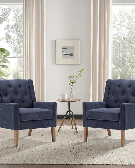 COLAMY Mid-Century Accent Chairs, Modern Wingback Living Room Chair, Upholstered Armchair with Button Tufted Back and Wood Legs for Bedroom/Office/Reading Spaces, Blue - LeafyLoom