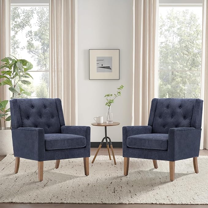 COLAMY Mid-Century Accent Chairs, Modern Wingback Living Room Chair, Upholstered Armchair with Button Tufted Back and Wood Legs for Bedroom/Office/Reading Spaces, Blue - LeafyLoom