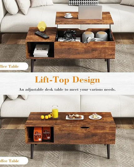 Coffee Table, Lift Top Coffee Tables for Living Room, Small Modern Wooden Center Tables with Storage Shelf and Hidden Compartment - LeafyLoom