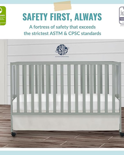 Quinn Full-Size Folding Crib in Cool Grey, Removeable Wheels, Modern Nursey, Adjustable Mattress Support, Portable Crib, Patented Folding System - LeafyLoom