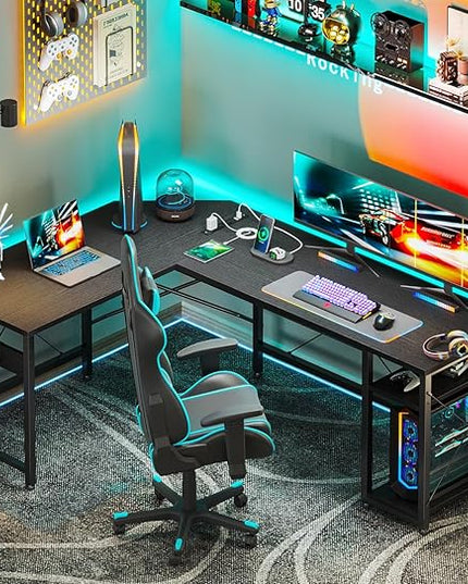 Coleshome L Shaped Computer Desk 59" with Power Outlet, Corner Desk Workstation with Storage Shelves, Modern Wooden Office Gaming Desk, Wood & Metal PC Desk, Black - LeafyLoom