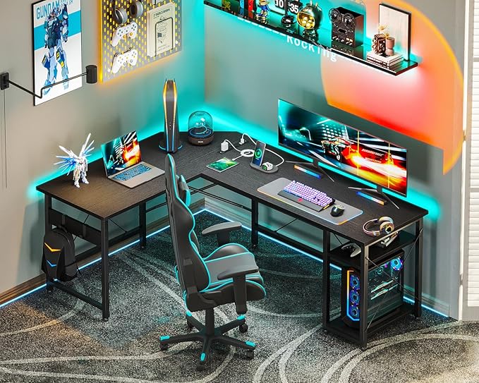 Coleshome L Shaped Computer Desk 59" with Power Outlet, Corner Desk Workstation with Storage Shelves, Modern Wooden Office Gaming Desk, Wood & Metal PC Desk, Black - LeafyLoom