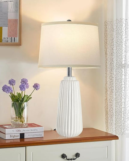 Ceramic Table Lamps Set of 2, 25Inch Modern White Table Lamps for Bedroom Living Room with 3 Color Temperature - 3000K/4000K/6000K, Coastal Lamps for Nightstand Bedside with 2 LED Bulbs, 9W - LeafyLoom