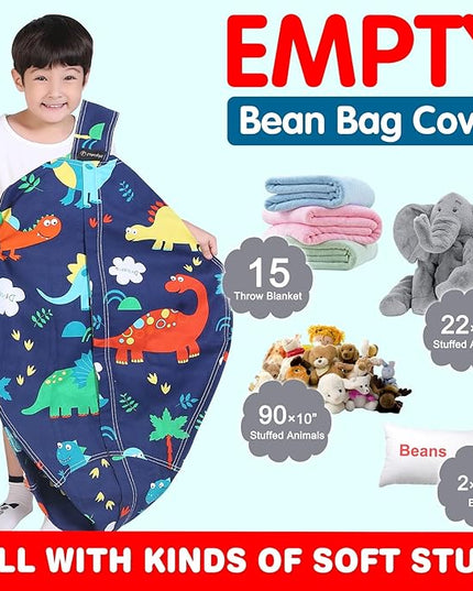 Lukeight Stuffed Animal Storage Bean Bag Chair Cover for Kids, Dinosaur Zipper Beanbag Chair Cover for Organizing Toddler & Kids' Rooms Plush Toys (Dinosaur, X-Large) - LeafyLoom