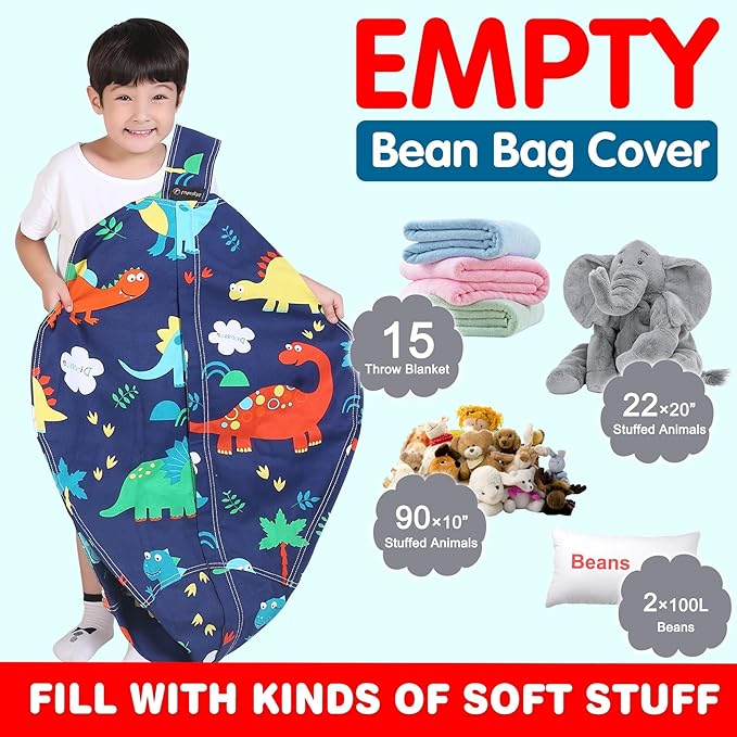 Lukeight Stuffed Animal Storage Bean Bag Chair Cover for Kids, Dinosaur Zipper Beanbag Chair Cover for Organizing Toddler & Kids' Rooms Plush Toys (Dinosaur, X-Large) - LeafyLoom
