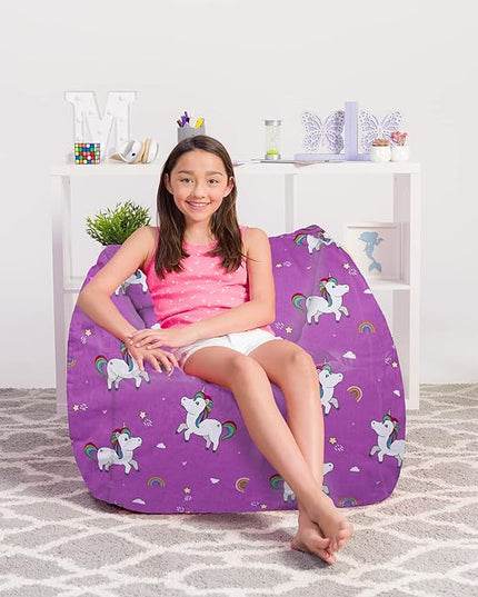 Posh Creations Structured Comfy Bean Bag Chair for Gaming, Reading, and Watching TV, Coronado Chair, Canvas - Unicorn and Rainbows on Purple - LeafyLoom