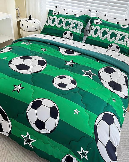 7 Piece Boys Soccer Comforter Set Queen Size Bed in A Bag 3D Football Playground Sports Bedding Set for Kids Microfiber Comforter All Season Green - LeafyLoom