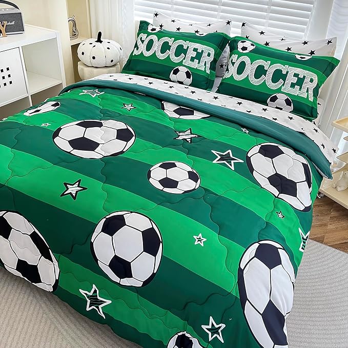 7 Piece Boys Soccer Comforter Set Queen Size Bed in A Bag 3D Football Playground Sports Bedding Set for Kids Microfiber Comforter All Season Green - LeafyLoom