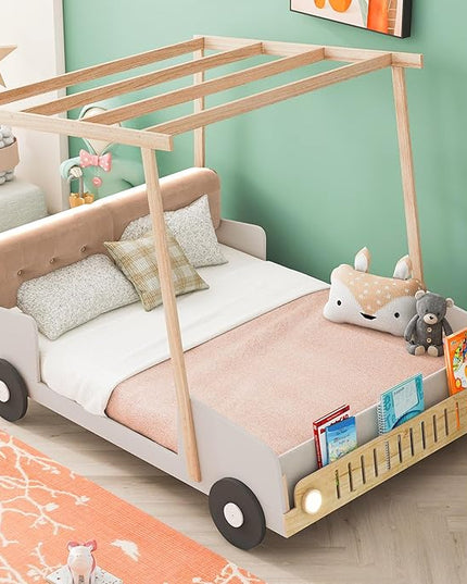 Full Size Race Car Bed Platform Bed with Pillow,Ceiling Cloth and LED Light,Wood Bed Frame W/Magazine Storage Rack,for Kids Boys Girls Teens,Natural - LeafyLoom