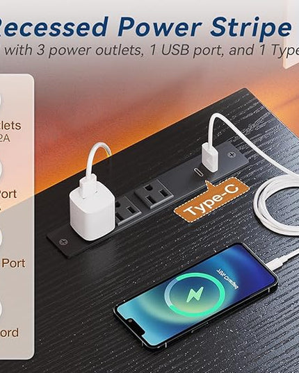 KKL Small Desk with Power Outlets and USB Port Computer Desk for Home Office Gaming Simple Modern Style Writing Desks with Storage Bag Headphone Hook, 48 inch, Black - LeafyLoom