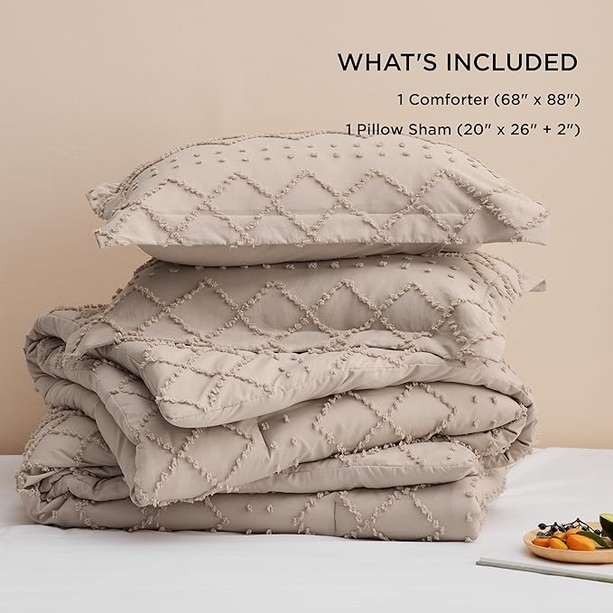 Bedsure Twin/Twin XL Comforter Set - Warm Tan Boho Twin Extra Long Comforter Set for College, Shabby Chic Dorm Bedding Set, 2 Pieces Modern Farmhouse Bed Set, includes 1 Pillow Sham - LeafyLoom