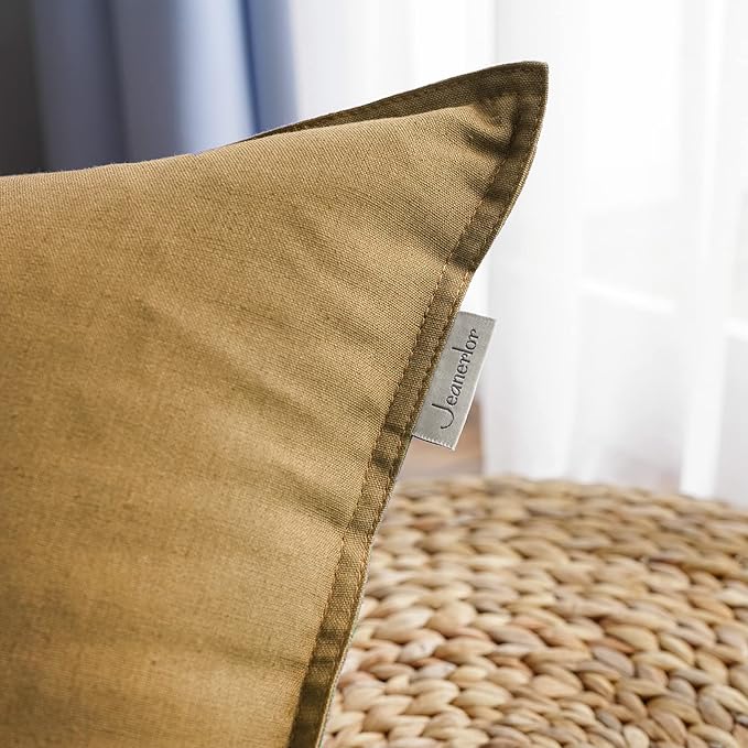 Jeanerlor Natural Cotton Linen Green Decorative 12"x20" Throw Pillow Case Cushion Cover with Twin Needles Stitch on Edge for Lumbar, (30 x 50cm), 2 Pcs, Earth Yellow - LeafyLoom