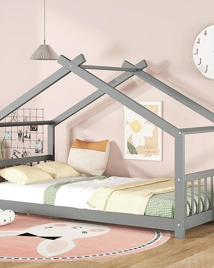 Kids Montessori Floor Bed Twin Size, Twin Floor Bed Frame with Headboard, Footboard and Slats, Wood Montessori Bed Twin Size/House Floor Bed for Kids, Girls, Boys, Gray Floor Bed - LeafyLoom